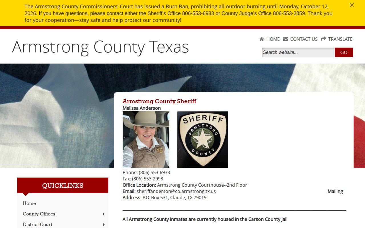 Armstrong County Sheriff page stating that all inmates are housed in Carson County Jail