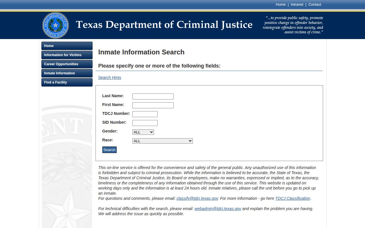 TDCJ Armstrong County state inmate release search form