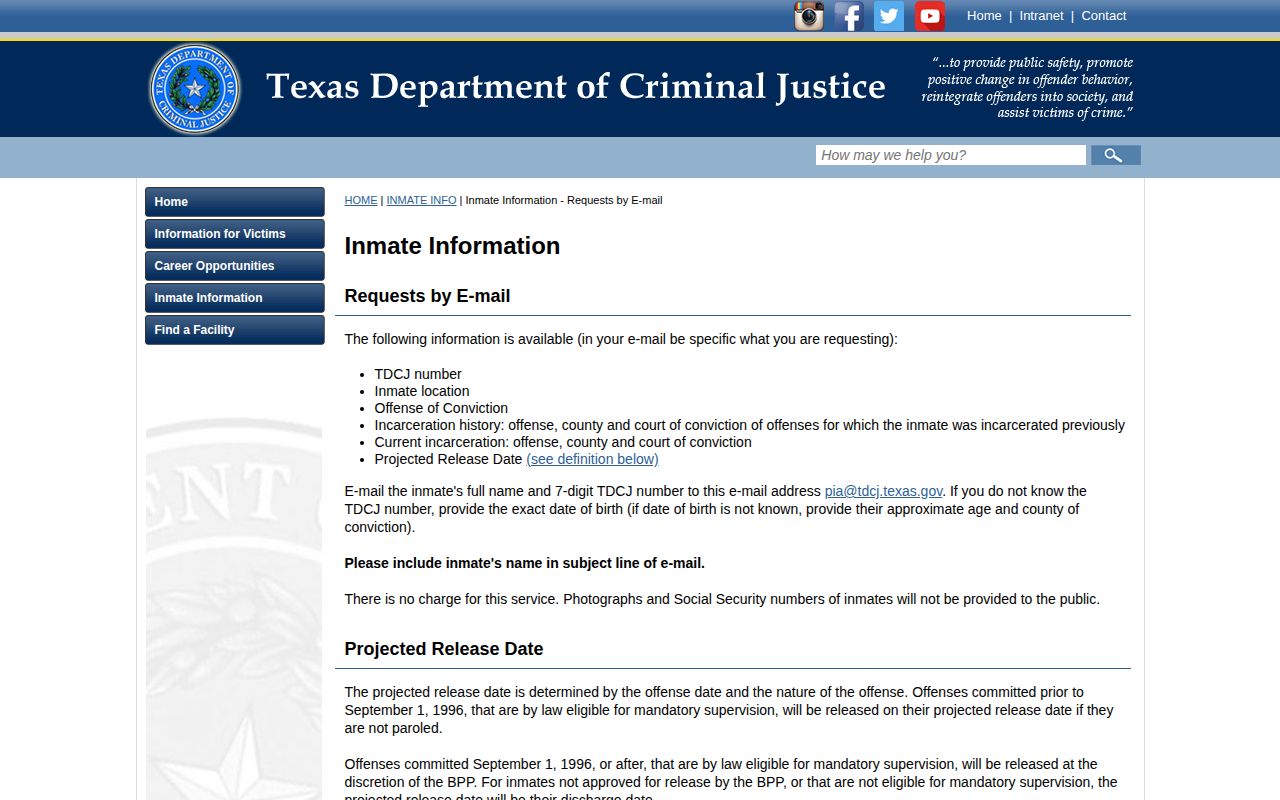 TDCJ fields available for an Armstrong County inmate release date inquiry